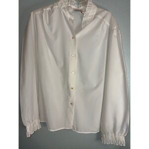 Vintage Rhapsody White Ruffle Neck Blouse Long Sleeve Button Up Top Size 40